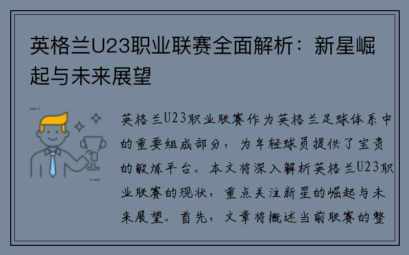 英格兰U23职业联赛全面解析：新星崛起与未来展望