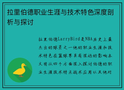 拉里伯德职业生涯与技术特色深度剖析与探讨